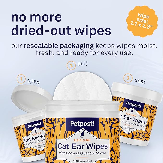 Petpost | Cat Ear Cleaner Wipes - Ultra Soft Cotton Pads in Coconut Oil Solution - Treatment for Removing Cat Ear Dirt & Wax 100 ct.