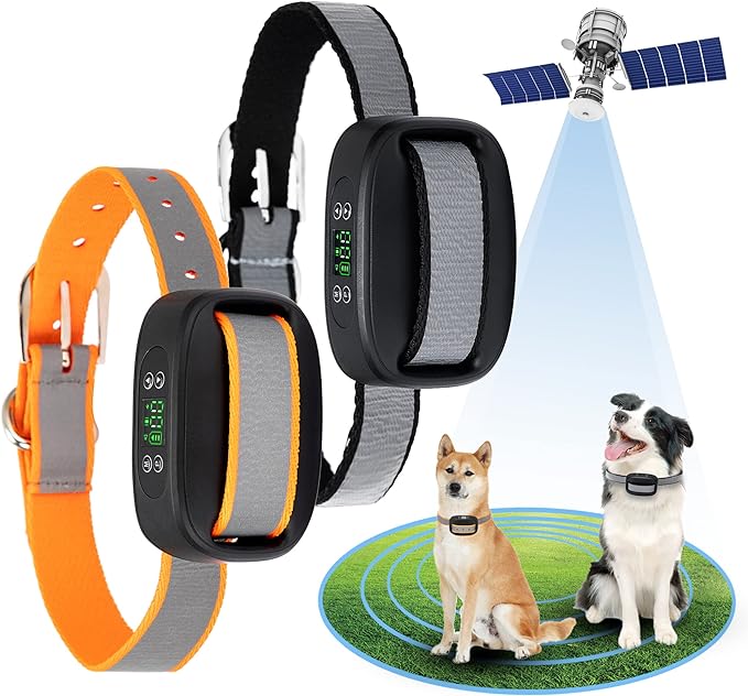 GPS Wireless Dog Fence, Electric Dog Fence for Outdoor Use,Adjustable Warning Strength,Pet Containment System, Wireless Dog Fence Collar Suitable for Most of Dogs(2 Collars)