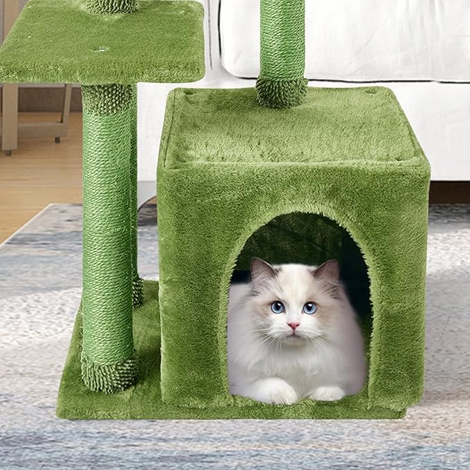 FISH&NAP Cute Cat Tree Kitten Cat Tower for Indoor Cat Condo Sisal Scratching Posts with Jump Platform Cat Furniture Activity Center Play House Green