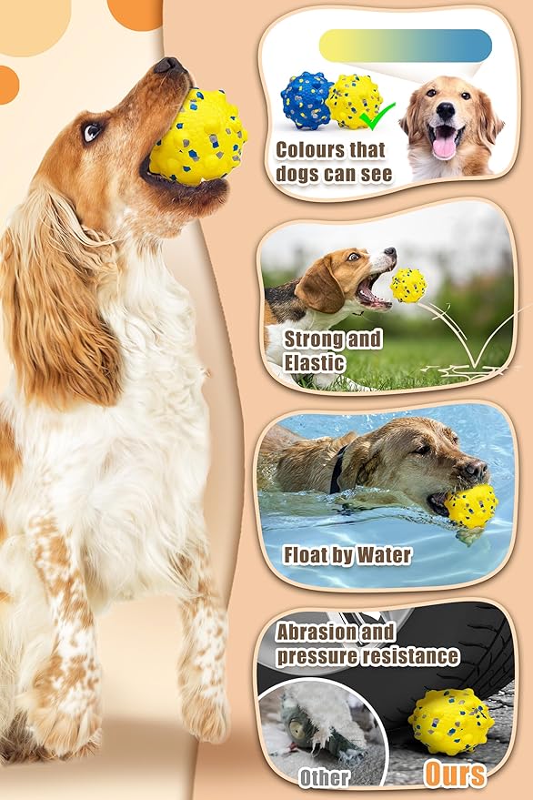 Dog Tennis Balls for Aggressive Chewers, Indestructible Durable Bouncy Interactive Toy for Dogs Fetch Game Lightweight Floating Outdoor Training(2 Yellow Point+ 2 Blue Circle Large)