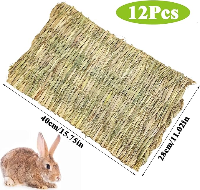 kathson 12 PCS Large Grass Mat for Rabbit, Natural Bunny Woven Hay Mat Straw Small Animal Bedding Nest for Guinea Pigs Hamster Chinchillas Puppy Biddy Sleeping Chewing Scratching