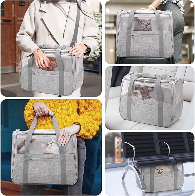 JUNGYOON Large Cat Carrier – Soft-Sided Airline-Approved Pet Carrier Bag with Top Opening, Portable Travel Carrier for Big Cats & Dogs Up to 20lbs – Safety Zippers, Collapsible Bowl,Grey