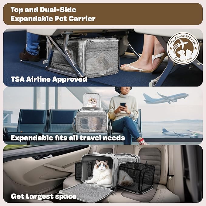 Top and 2 Sides Expandable Large Cat Carrier 18x13.5x9.5, TSA Airline Approved Dog Carriers for Large Dogs, Soft-Sided Pet Carrier with Self-Locking Zippers for Kitten,Rabbit, Puppy, Guinea Pig Grey
