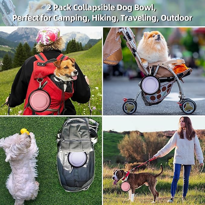 Kytely Collapsible Dog Bowls (1000ml), 2Pack Foldable Travel Bowls, Portable Dog Water Food Bowl with Clasp (Lavender+Pink)
