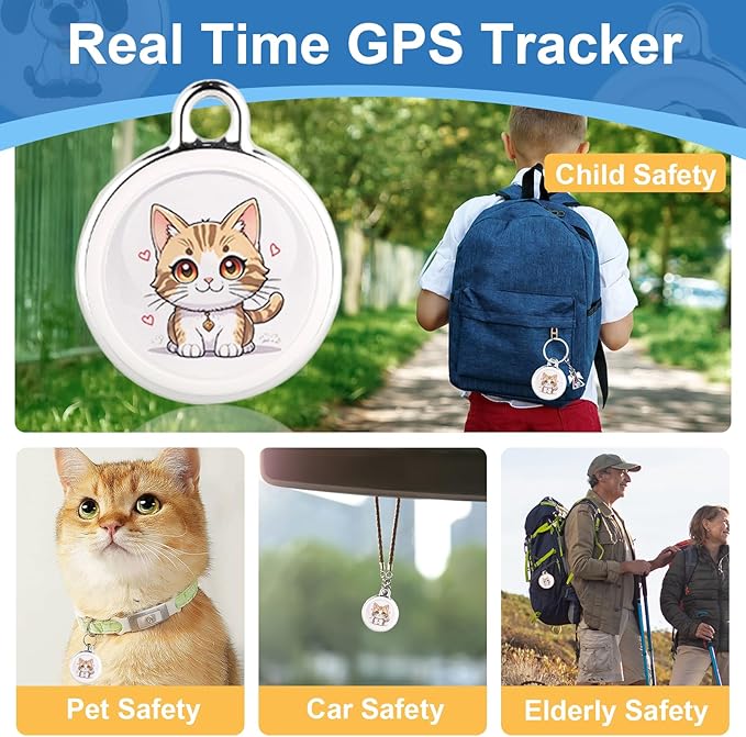 GPS Tracker for Vehicles - Real-Time Tracking Device with Global Coverage for Cars, Kids, Cats, and Dogs - No Subscription, Monthly Fees, or SIM Card Required （Cat Style）