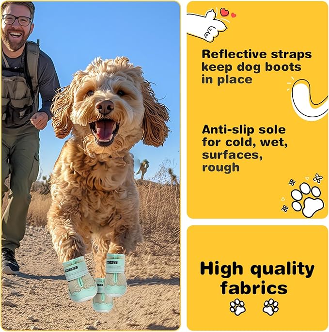 Hcpet Dog Shoes for Large Dogs, Breathable Dog Booties for Small Medium Dogs, Anti-Slip Dog Boots & Paw Protectors for Hot Pavement Winter Snow Hiking with Reflective Straps Green Size 1
