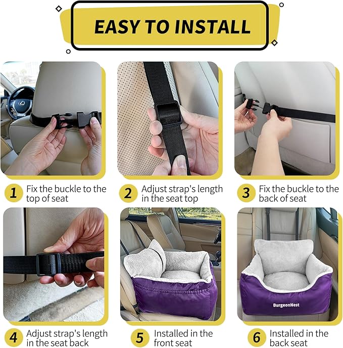 BurgeonNest Dog Car Seat for Small Dogs, Fully Detachable and Washable Cat Carseats Under 25 lbs, Soft Pet Booster Seats with Storage Pockets Clip-On Leash Portable Travel Carrier Bed, Purple