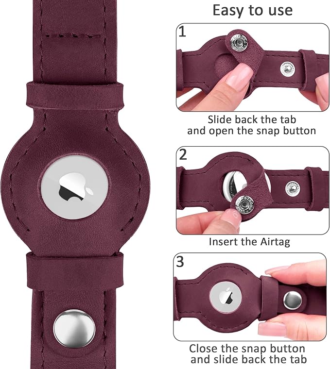Leather Dog Collar with Airtag Holder - Apple AirTag Dog Collars - Soft Tracking Smart GPS Pet Collar for Small Medium Large Dogs Puppy (Burgundy, S, 9"-12" Neck Fit)