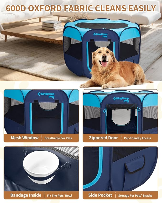 KingCamp Dog Playpen, Portable Foldable Cat Kitten Puppy Tent Crates 29"/36"/50" Pop Up Pet Playpen with Zippered Bottom & Cover for Indoor Outdoor Use (Small, Blue)