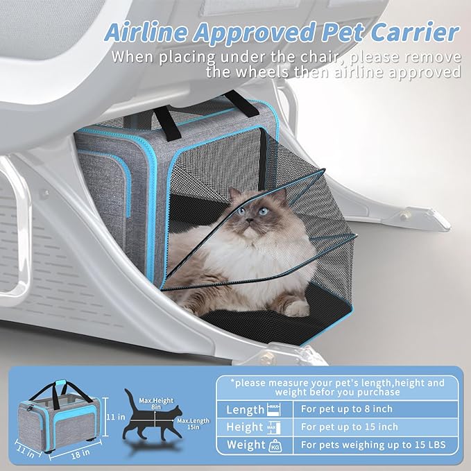 3-in-1 Upgraded Pet Carrier with Wheels, 18" x 11" x 11" TSA Airline Approved, Cat Carrier on Wheels for Small Cats Up to 15Lbs, Rolling Pet Carrier, Cat Soft-Sided Bag for Flying, Travel & Vet