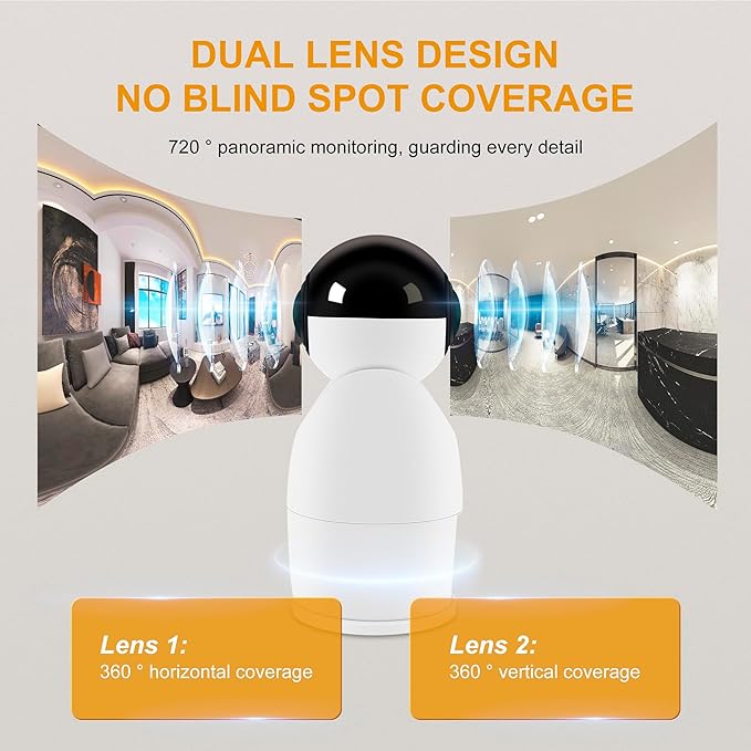 360° Indoor Security Camera-2 Fisheye Lenses for 720° Panoramic View, 2K FHD Baby Monitor & Pet Camera,Motion/Sound Detection, 2.4G WiFi, Night Vision 2-Way Audio, Wireless Cam for Home/Office