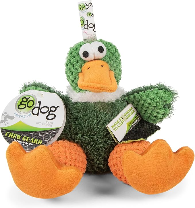 goDog Checkers Sitting Duck Squeaky Plush Dog Toy, Chew Guard Technology - Green, Small