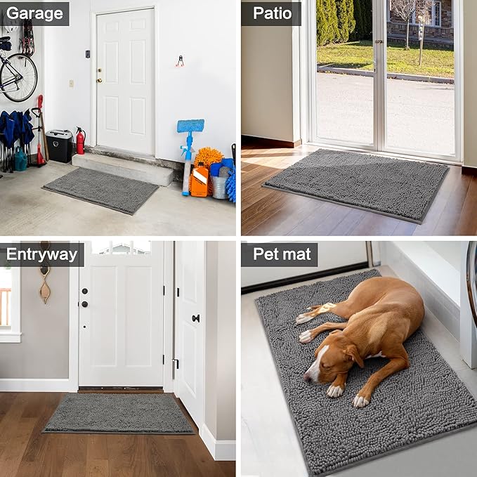 HOMEIDEAS Doormat Indoor Entrance, 36"x24", Highly Absorbent Chenille Muddy Dog Washable Non Slip Front Welcome Door Floor Mat for Entryway, Grey