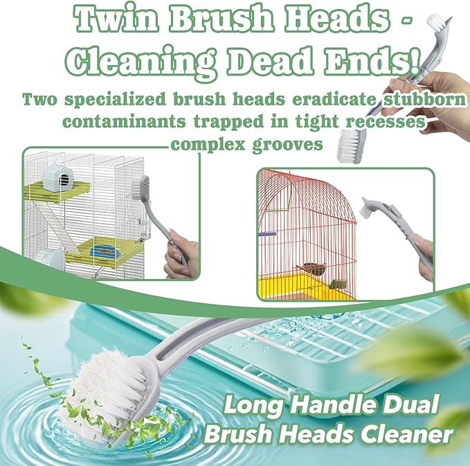 2 Pcs Bird Cage Cleaner Brush & Scoop with Long Handle and Curved Brush Head, 2-in-1 Bird Cage Cleaner with Front and Back Brushes for Kennel, and Parrot Perch Cleaning