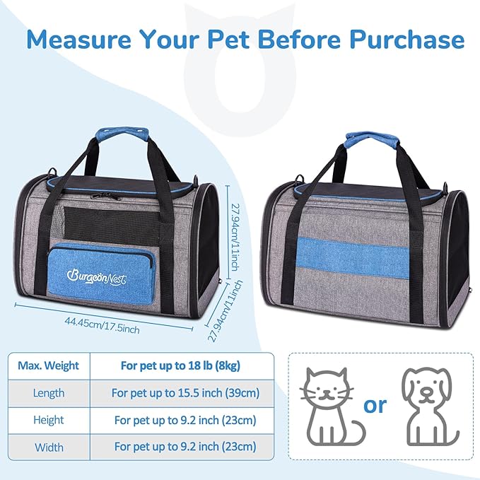 BurgeonNest Cat Carrier, Airline Approved Dog Carrier, Soft Sided Cat Pet Carrier for Small Medium Cats Dogs Under 20 lbs with Side Bag, Collapsible Travel Kitten Puppy Carriers, Blue