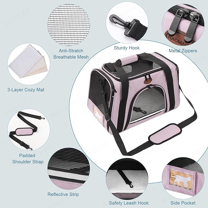 Cat Carrier Dog Carrier Pet Carriers for Medium Small Cats Dogs Puppies up to 15 Lbs,TSA Airline Approved Small Dog Cat Carriers Soft Sided,Collapsible Travel Puppy Carrier (Pink, Large)