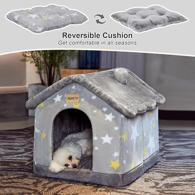 JIUPETY Cute Cat Beds for Indoor Cats, Foldable Cat House with Non-Slip Bottom, S Size Kitten Bed Up to 8 Lbs Kitty, Grey