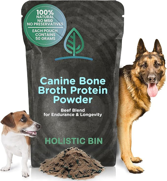 HOLISTIC BIN Canine Powderized Beef Bone Broth – Protein Powder for Endurance & Longevity – Nutritious Dog Enrichment for Energy & Wellness – Premium Beef Protein Supplement - 50 Grams
