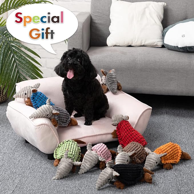 Hollypet Plush Dog Squeaky Toy Stuffed Armadillo Animal Pet Puppy Chew Toys with Clean Teeth for Small Medium Large All Breed Sizes Dogs, Black, 8 in