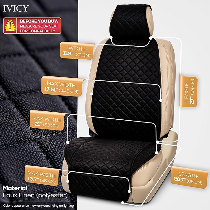 IVICY Faux Linen Car Seat Cover for Cars - Durable & Non-Slip - Front Car Seat Protector Covers for Most Automotive, Vans, SUVs, Trucks - 1 Unit - Black