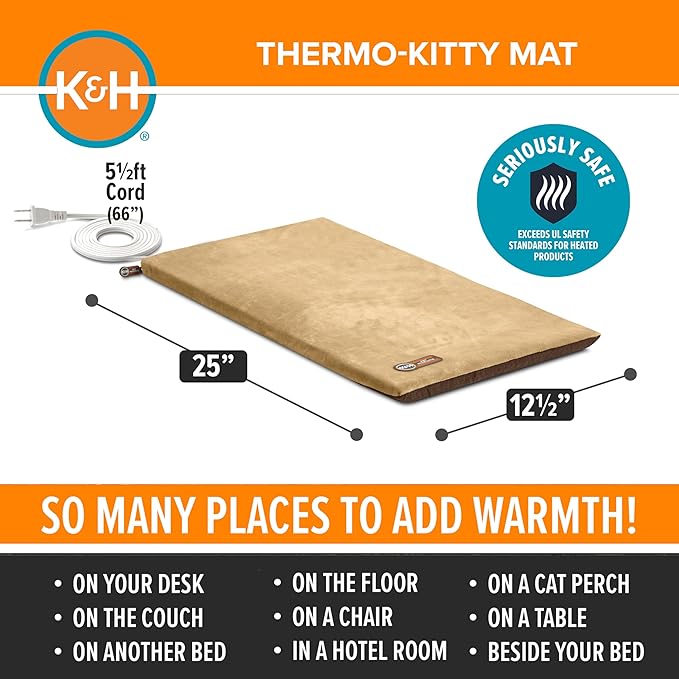 K&H Pet Products Heated Cat Bed Pad for Indoor Cats, Thermo-Kitty Mat Calming Warm Pet Heating Pad for Inside Pets, Machine Washable, Waterproof Heater, Safety Listed - 12.5 X 25in Mocha/Tan
