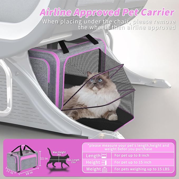 3-in-1 Upgraded Pet Carrier with Wheels, 18" x 11" x 11" TSA Airline Approved, Cat Carrier on Wheels for Small Cats Up to 15Lbs, Rolling Pet Carrier, Cat Soft-Sided Bag for Flying, Travel & Vet