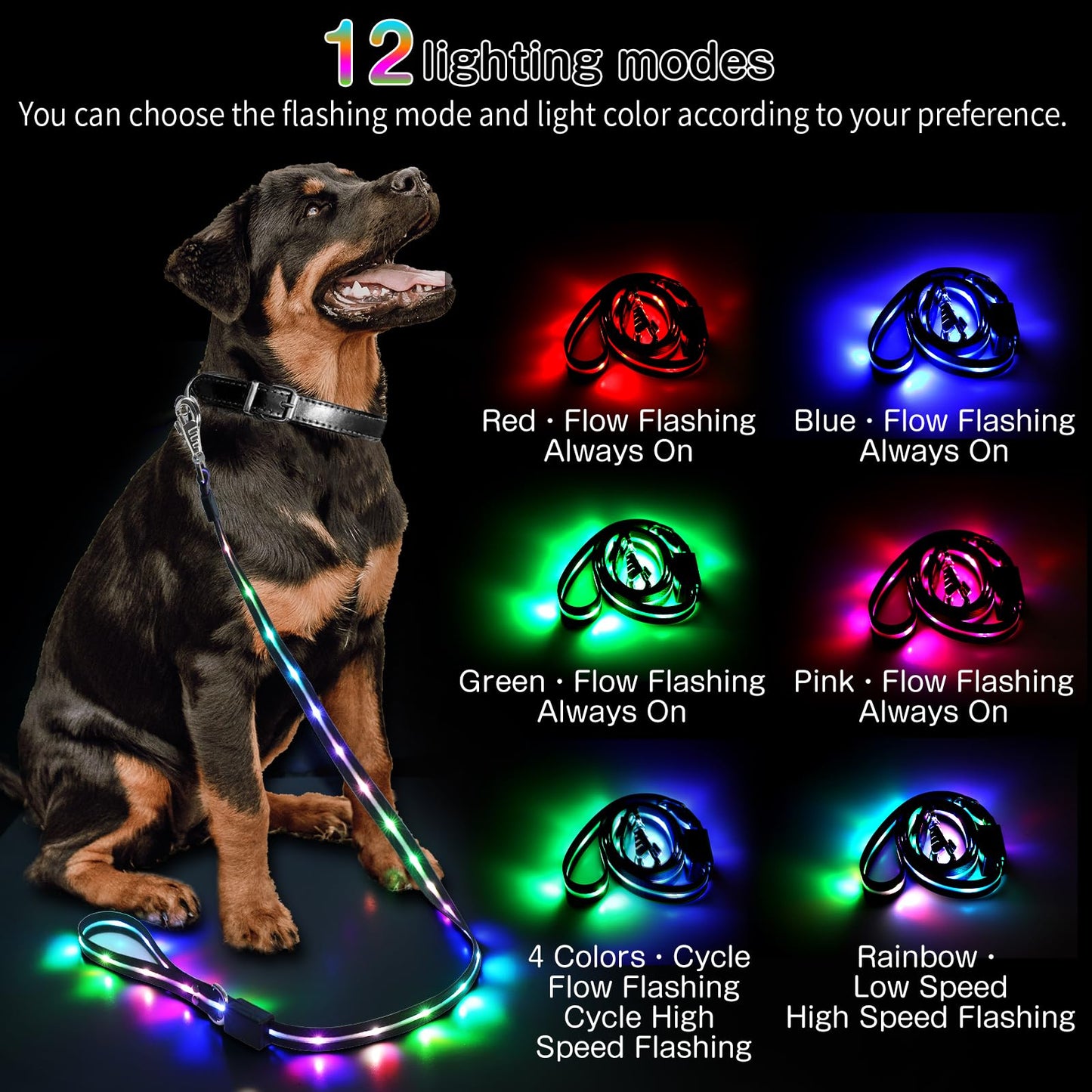2025 Upgrade 4 Ft Led Dog Leash, 12 Lighting Modes Light Up Dog Leash Rechargeable - 4 Ft Lighted Dog Leashs for Night Walking Safety Glow in The Dark, Silicone Dog Leashs for Small Medium Large Dogs