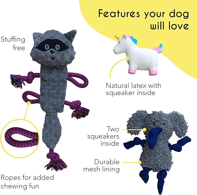 rocket & rex Dog Chew Toy Set for Small to Medium Breeds, Includes a Stuffing Free Rope, Rubber Squeaker and Plush Toy, Reduces Destructive Chewing & Anxiety (Pack of 3)