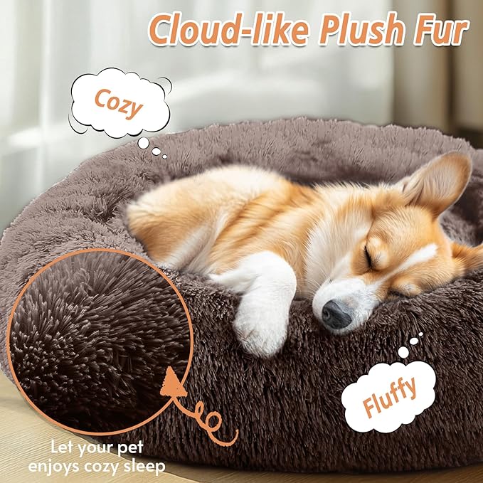 JOLLYVOGUE Medium Calming Dog Bed, Anti-Anxiety Donut Cuddler Cat Bed with Anti-Slip Bottom, Fluffy Faux Fur Machine Washable Pet Cushion for Medium Large Dog & Cat (31")