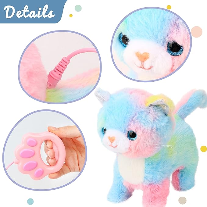 Hopearl Walking Cat Interactive Electronic Pet Singing Kitty Toy Remote Control Leash Animated Musical Kitten Miaow Wagging Tail Touch Recognition Gifts for Toddlers Birthday, Rainbow, 10.5''