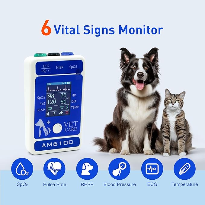 Handheld Veterinary Pulse Oximeter,Rechargeable Dog Blood Pressure Monitor, 6 Parameters Animal Patient Mnitoring Equipment with 2.4" Display and Bluetooth for Pets Cat Home Clinic Use