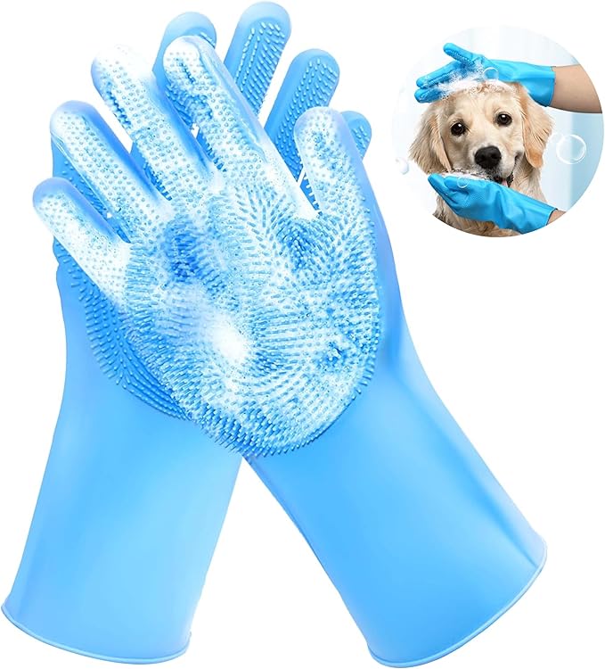 Pet Grooming Gloves，Heat-Resistant Silicone Gloves with High-Density Teeth for Enhanced Massaging and Bathing of Dogs and Cats (Blue, 1 Pair)