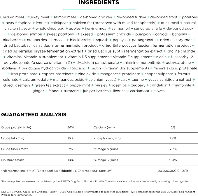 Go! Solutions Carnivore, Grain-Free, Protein Rich Dry Dog Food, Chicken, Turkey and Duck Adult Recipe, 22 lb Bag