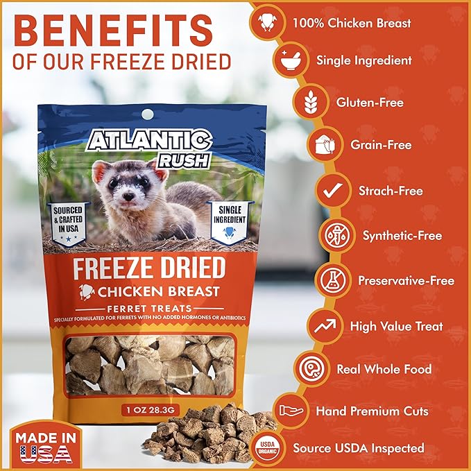 Freeze Dried Small Pet Treats - 1oz Resealable Bag of Treats for Ferrets - Ferret Snacks - Single Ingredient Ferret Food With No Preservatives Or Fillers- Small Animals Treats (1oz, Chicken Breast)