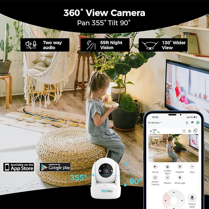 Sovmiku CB2 2k AI Tracking Security Camera for Home,Pet Camera Indoor, Baby Monitor,360° View Pan/Tilt Cam,Two Way Audio,Night Vision,Easy to Setup,Audible Alarm,2.4GHz Wi-Fi, 180 Days Exchange Policy