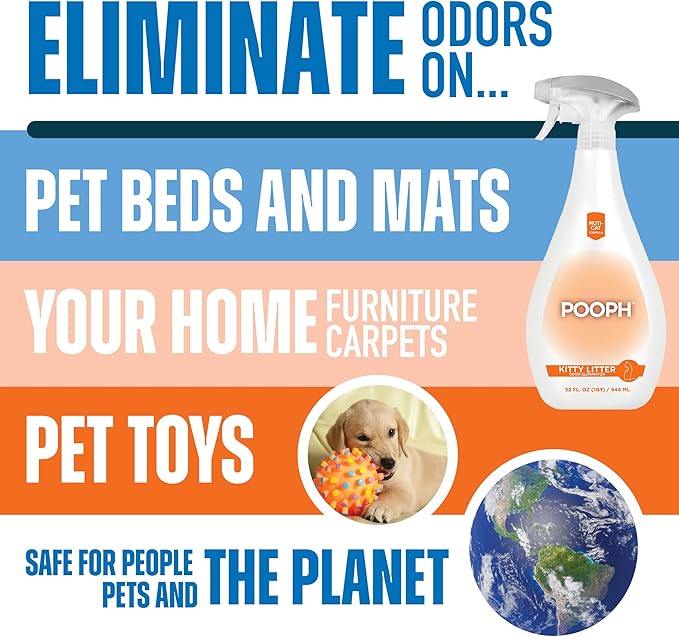 POOPH Pet Odor Eliminator and Litter Box Deodorizer - 2x32oz Bottles - Instant, Safe, Fragrance-Free, Clear, Non-Staining, Unscented