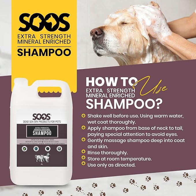 Soos Pet Extra Strength Mineral Enriched Shampoo for Dogs and Cats Natural Dead Sea Mineral Enriched Deeply Absorbing with Vitamins Essential Oils Natural Ingredients - 1x (4L Gallon)