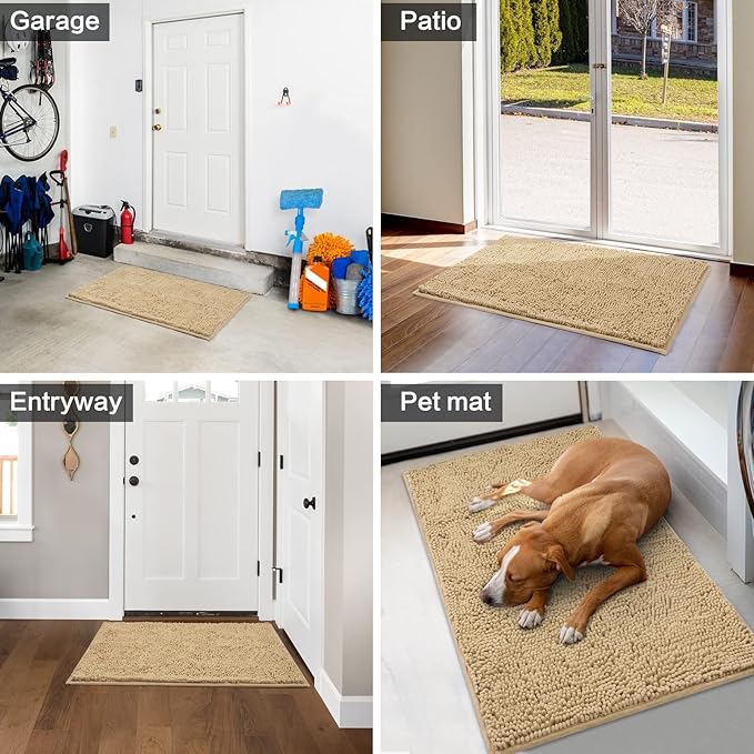 HOMEIDEAS Doormat Indoor Entrance, 36"x24", Highly Absorbent Chenille Muddy Dog Washable Non Slip Front Welcome Door Floor Mat for Entryway, Beige