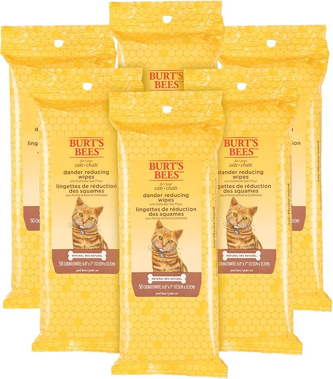 Burt's Bees for Pets Cat Dander Remover Wipes with Colloidal Oat Flour - Pet Dander Remover Cat Wipes for Allergy Relief, Dry Skin Relief for Cats and Kittens, 50 Count - 6 Pack