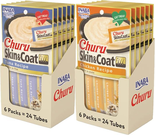 INABA Churu for Skin and Coat Lickable Purée Natural Cat Treats with Omega Oils, Taurine and Green Tea, 0.5 Ounces Each - 2 Flavor Variety Pack (48 Tubes)