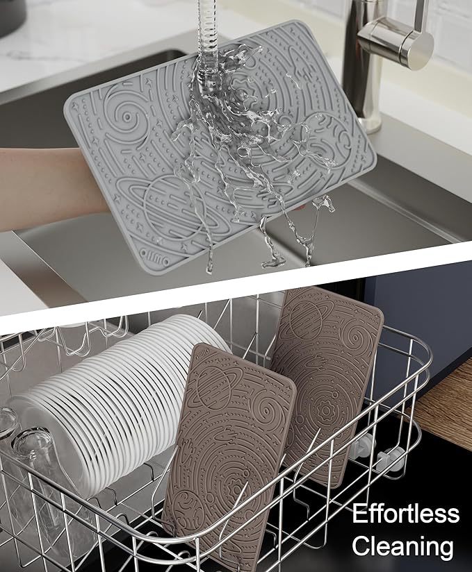 OHMO Lick Mat for Dogs & Cats - Large Size 9.8"×5.9" (2pcs,Ash+Beige) - Space Star Design Slow Feeder with Suction Cups, Keep Them Busy & Anxiety Relief, Easy Clean Enrichment Accessories