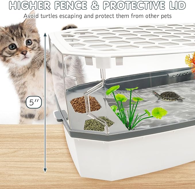 Hamiledyi Small Turtle Tank with Lid and Water Pump Acrylic Turtle Aquarium Starter Kit Easy to Change Water Multi-Function Area Reptile Habitat for Turtles Hermit Crabs Crayfish Tortoises (Medium)