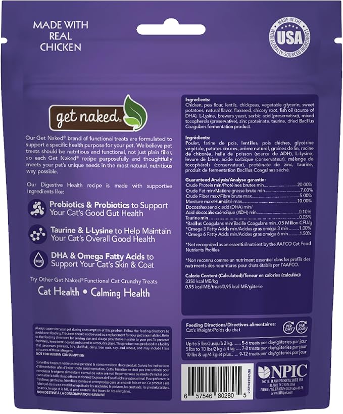 Get Naked Digestive Health Crunchy Cat Treats 6oz - Chicken Flavor, Grain-Free Cat Probiotics for Indoor Cats, Supports Healthy Digestion, Dental Health & Immunity, Made in The USA