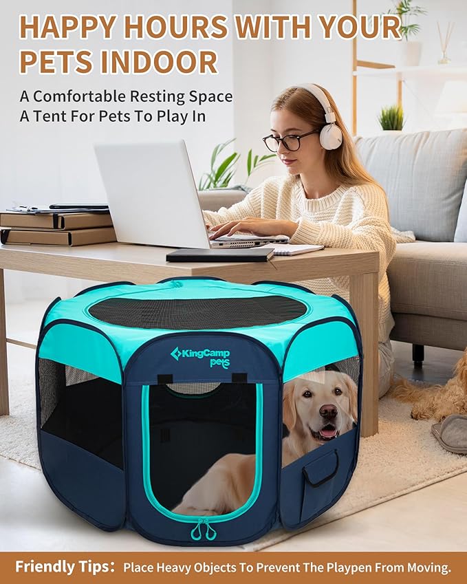 KingCamp Dog Playpen, Portable Foldable Cat Kitten Puppy Tent Crates 29"/36"/50" Pop Up Pet Playpen with Zippered Bottom & Cover for Indoor Outdoor Use (X-Large, Green)