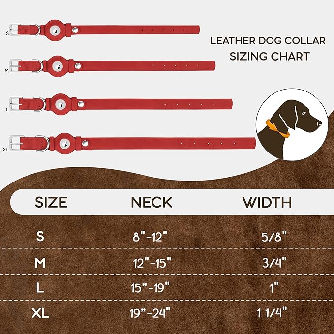 Leather Dog Collar with Airtag Holder - Apple AirTag Dog Collars - Soft Tracking Smart GPS Pet Collar for Small Medium Large Dogs Puppy (Red, XL, 19"-24" Neck Fit)