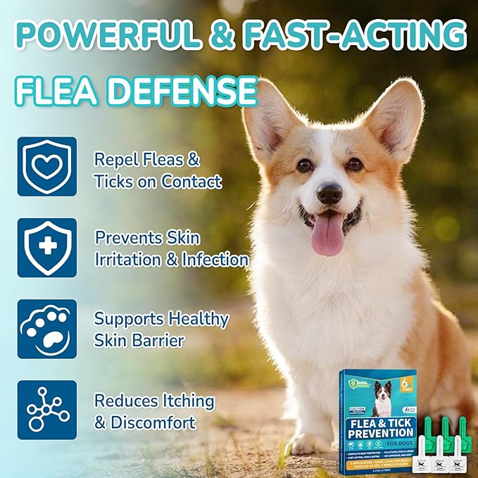 Flea and Tick Prevention for Dogs, 6-Month Supply Dog Flea and Tick Treatment Drops, Topical Fast-Acting Dog Treatment for Medium Dogs Up to 23 to 44 lbs
