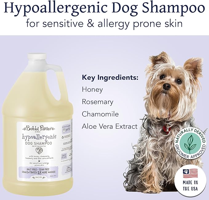Bobbi Panter Hypoallergenic Dog Shampoo 1 Gal., Dye & Fragrance-Free, Paraben-Free, pH Balanced, Tear-Free, Aloe Vera & Honey Extract, Made in USA, Concentrated 30:1, Made in The USA