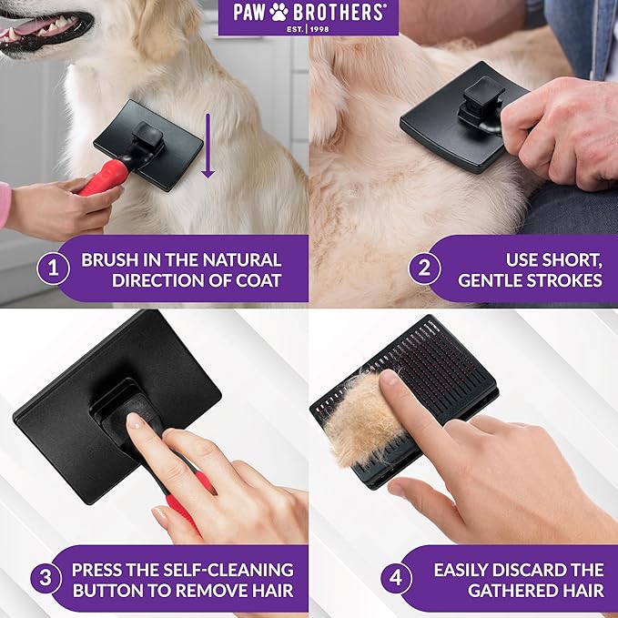 Paw Brothers Self Cleaning Slicker Brush for Dogs and Cats, Dog Brush for Shedding, Slicker Comb for Long Short Haired Pets, Deshedding, Cat Grooming Tool, Large