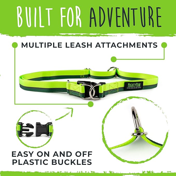 Mighty Paw Hands Free Dog Leash | Bungee Waist Leash for Dog Walking. Pet Running Hands Free Tether for Large, Medium & Small Breeds. Pet Waist Belt (36" - 48") Up to 150 lbs - Green