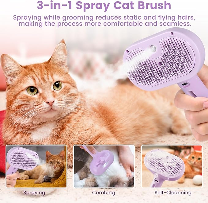 3 in 1 Cat Steam Brush, Pet Spray Hair Removal Comb for Shedding & Grooming, Water Brush for Cats Dogs Small Animals Long Short Haired with One-Click Release Button(Purple)